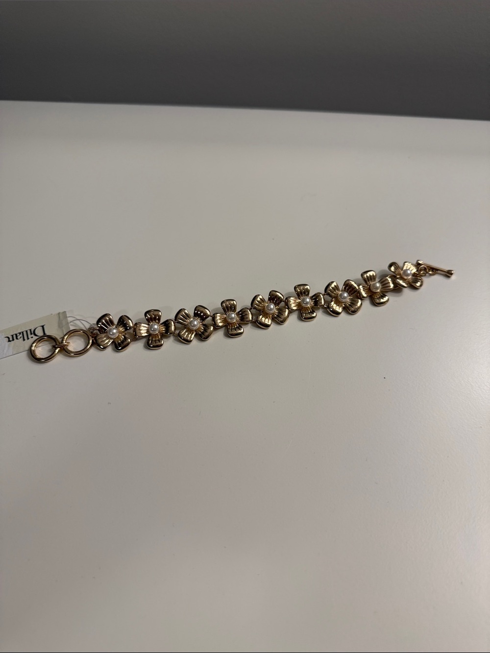 Gold Floral Link Bracelet with Pearl Accents by
